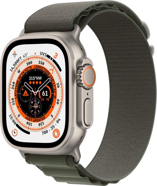 Apple Watch Ultra GPS + Cellular, 49mm Titanium Case with Green Alpine Loop - Large - ONLINE ONLY